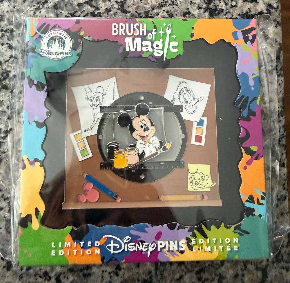 Disneys Mickey Mouse on Animators Desk Brush Of Magic Jumbo Pin NIB